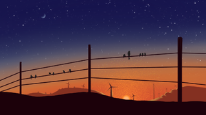 Landscape Modern Birds Sunset Moon Moonlight Sunlight Poles Windmill Hills Sky 1920x1080 Wallpaper