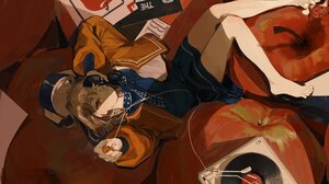 Anime Girls Lying Down Vinyl Headphones Apples Lying On Back One Eye Obstructed Earphones Long Hair  4096x2060 Wallpaper
