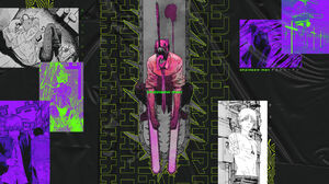 Chainsaw Man Denji Chainsaw Man Shirtless Chainsaws Pattern Intestines Purple Green Kanji Wrinkles C 1280x800 Wallpaper