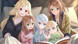 Anime Anime Girls RynzFrancis Artwork In Bed Books Blonde Brunette Blue Hair Reading 4370x2840 Wallpaper