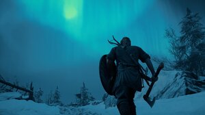 Assassins Creed Valhalla Screen Shot Video Games Ubisoft CGi Snow Aurorae Sky Night Trees Nature 2560x1600 wallpaper