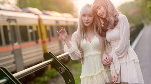 Robin Huang Women Two Women Asian Dyed Hair Smiling Makeup Dress Train Bright 2048x1366 Wallpaper