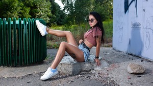 Women Sergey Pak Sitting Sneakers Sunglasses Tattoo Brunette Women Outdoors Belt Watch T Shirt 2560x1707 Wallpaper