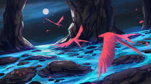Digital Art Minjuart Night Cave Birds Moon Red Stars Starry Night 1920x1080 Wallpaper