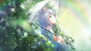 Luo Tianyi Vocaloid Vocaloid China Anime Girls Umbrella Rain Looking Up Leaves Bow Tie Rainbows 4134x2480 Wallpaper