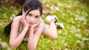 Asian Model Women Long Hair Dark Hair Lying Down Grass Ponytail Sneakers Depth Of Field White Shirt  3840x2563 Wallpaper