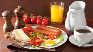 Breakfast Cheese Coffee Cup Glass Juice Sausage Still Life Tomato 2048x1234 Wallpaper