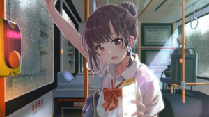 Anime Anime Girls Smiling Smartphone Brunette Brown Eyes School Uniform Wet Water On Glass Rain Shio 2500x1406 Wallpaper