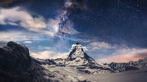 Nature Landscape Far View Mountains Snow Clouds Rocks Stars Galaxy Milky Way Night Matterhorn Zermat 1920x1080 Wallpaper