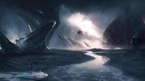 Science Fiction Digital Art Digital Painting Ship Spaceship Sea Skull Face Water 8712x4532 Wallpaper