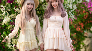 Asian Model Women Long Hair Depth Of Field Straw Hat Blonde Barefoot Sandal Trees Dyed Hair Petals B 2560x3840 Wallpaper
