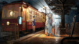 Train Train Station Two Women Bunny Ears Anime Girls Night Stars 5223x2621 Wallpaper