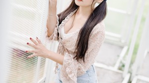 Asian Model Women Long Hair Dark Hair Twintails Fence Linnnng 2560x3728 Wallpaper
