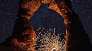 Nature Landscape Night Stars Dark Long Exposure Sparks Portrait Display Rock Arch Circle Utah USA Na 910x1365 Wallpaper
