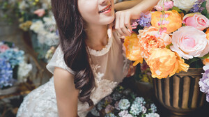 Asian Women Model Women Indoors Indoors Flowers Plants Brunette Long Hair Looking At Viewer White Dr 1365x2048 Wallpaper