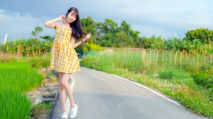 Asian Women Standing Model Women Outdoors Road Asphalt Dress Summer Dress Yellow Dress Yellow Clothi 3840x2160 Wallpaper