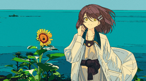 Cogecha Anime Anime Girls Smiling Looking At Viewer Flowers Leaves Short Hair Brunette Brown Eyes Wa 2732x1415 wallpaper