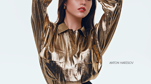 Anton Harisov Women Brunette Makeup Looking At Viewer Gold Skirt White Background 1333x2000 Wallpaper