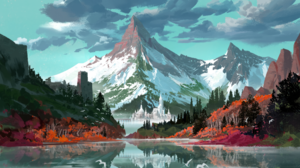 Digital Painting Digital Art Mountains Lake Forest Clouds Fall Castle Ruins Reflection Water Sky Sno 3840x2160 Wallpaper