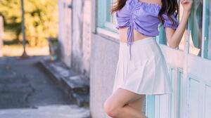 Asian Model Women Long Hair Dark Hair Depth Of Field White Skirt Violet Tops White Sneakers Twintail 1280x1920 Wallpaper