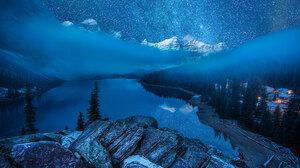 Canada Fog Forest Lake Moraine Lake Night Snow Starry Sky Stars Winter 1800x1198 Wallpaper