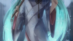 Anime Anime Girls Vocaloid Hatsune Miku Long Hair Blue Eyes Rain Blue Hair Cyan Hair 1200x1800 Wallpaper