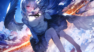 Anime Girls Sunset Wings Angel Wings Clouds Floating Falling Flying Water Drops Gray Hair Pink Eyes  4515x3385 Wallpaper