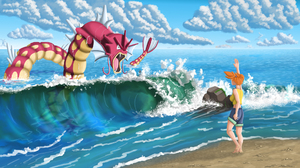 Digital Painting Pokemon Anime Anime Girls Misty Water Waves Clouds Sky Gyarados 1920x1080 Wallpaper