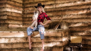 Cowgirl Women Blonde Model Dog Alaskan Malamute Jeans Torn Jeans Plaid Shirt Straw Cowboy Hats Blue  2100x1400 Wallpaper