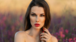 Women Kristina Fedorov Brunette Brown Eyes Freckles Red Lipstick Red Nails Field Lavender Portrait M 2000x1333 Wallpaper