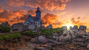 France Lighthouse Sky Nature Coast Stones Clouds Sunset Rocks 3840x2160 Wallpaper