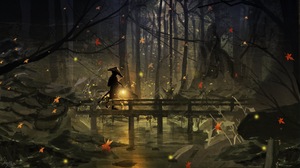 Night Forest Bridge Leaf Lantern Tree 1920x1080 Wallpaper
