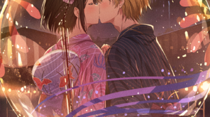 Narumi Nanami Fireworks Anime Girls Anime Boys Kissing Closed Eyes Blushing Hair Ornament Brunette B 1414x2000 Wallpaper