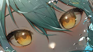 Anime Anime Girls Looking At Viewer Water Water Drops Green Hair Yellow Eyes Closeup Face 4000x3000 Wallpaper