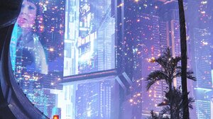 City Cyberpunk Science Fiction Neon Artwork Night City Lights Digital Art Building Palm Trees Bridge 1969x3500 Wallpaper