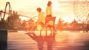 Anime Girls Anime Boys Couple Sunset Theme Parks Ferris Wheel Sunset Glow Bench 1920x1200 Wallpaper