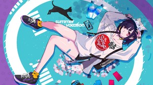 Socks Anime Girls Lying On Back Water Bottle Nintendo Switch Shoes Cats Choker Petals 2589x1731 Wallpaper
