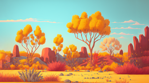 Ai Art Illustration Orange Desert Trees Rocks Nature 3640x2048 Wallpaper