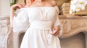 Women Model Dyed Hair Dress Bare Shoulders Women Indoors White Dress Redhead Shoulder Length Hair 2333x3500 Wallpaper