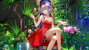 Luo Tianyi Anime Girls Reflection Plants Dress Red Dress Legs Crossed Heels Red Heels Purple Hair Gr 4000x8000 wallpaper