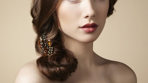 Brunette Hair Women Bare Shoulders Gray Eyes Lipstick Closeup 1188x1280 wallpaper