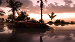 Forza Horizon 5 McLaren F1 Sunset Video Games Sunset Glow Palm Trees Reflection Water Sky Clouds Car 2560x1440 Wallpaper