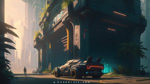 Ai Art Cyberpunk City Illustration Post Apocalypse Sports Car Taillights Building 3136x1792 Wallpaper