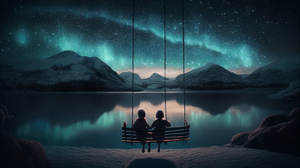 Stars Ai Art Swing Starry Night Night Mountains Water Reflection Sky 2688x1536 Wallpaper