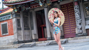 Asian Model Women Long Hair Dark Hair Japanese Umbrella High Heels Cheongsam 2048x1365 Wallpaper