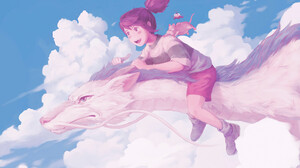 Studio Ghibli Spirited Away Sen To Chihiro Haku Sky Clouds Dragon Anime Girls Anime Creatures 2560x1440 Wallpaper