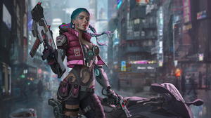 Cyborg Cyberpunk Futuristic City Women Weapon Motorcycle Artwork Depth Of Field 3840x2160 Wallpaper