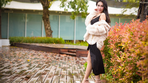 Asian Model Women Long Hair Dark Hair Trees Bushes Depth Of Field Fur Coats Heels 3840x2563 Wallpaper