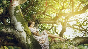 Asian Model Women Long Hair Dark Hair Trees Branch Sitting Barefoot Sandal Flower Dress Leaves Depth 2400x1600 Wallpaper