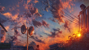 Anime Girls Sunset Glow Sunset Power Lines Utility Pole Clouds Balcony Outdoors Bushes Starred Sky E 2000x1500 Wallpaper